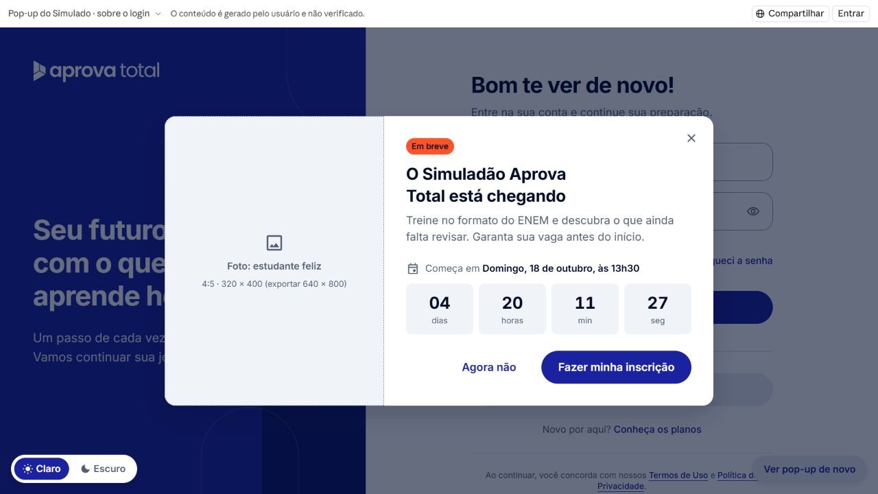 Modal de inscrição do Simuladão no tema claro