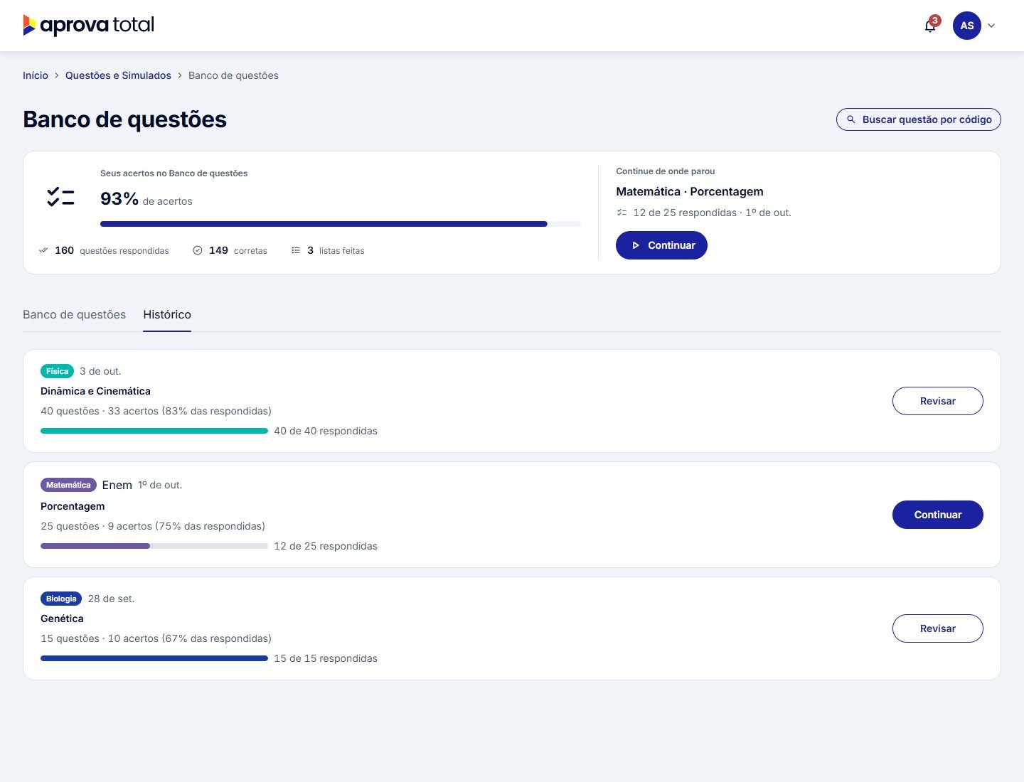 Histórico com listas finalizadas para revisar e listas em andamento para continuar