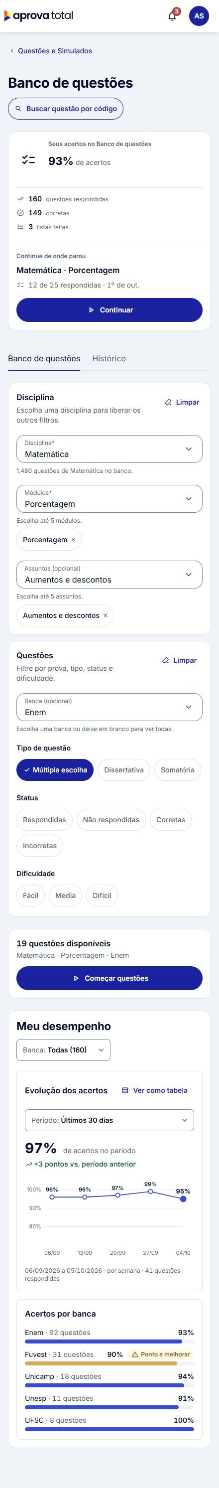 Banco de Questões completo no celular, em tema claro